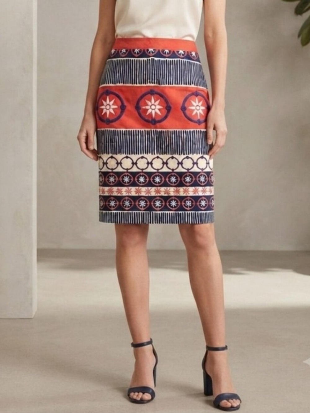 Boden | Women’s Navy/Coral/Cream Geometric Stripe/Medallion Pencil Skirt Sz 12L